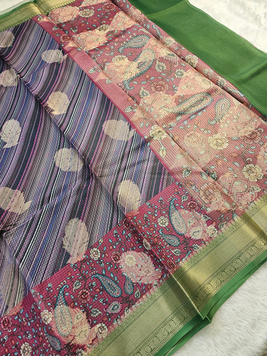 Banarasi Purple Printed Organza Silk Saree with Paisley Floral Print & Gold Zari Border