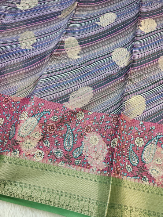 Banarasi Purple Printed Organza Silk Saree with Paisley Floral Print & Gold Zari Border