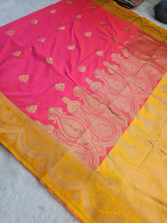 Banarasi Royal Pink Soft Katan Silk Saree with Mustard Yellow Contrast Border & Grand Zari Paisley Pallu