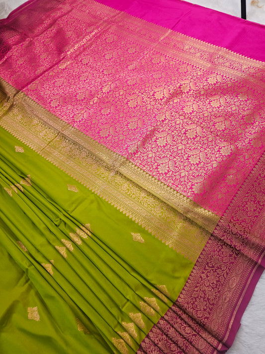 Banarasi Parrot Green Soft Katan Silk Saree with Purple Contrast Border & Rich Zari Weaving