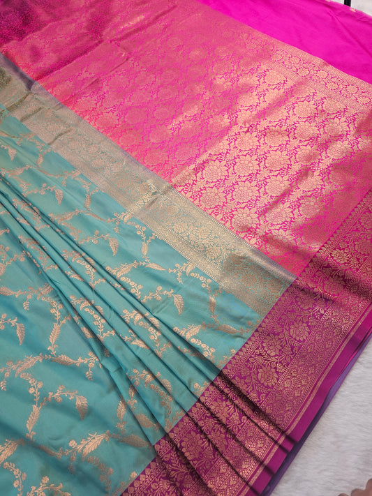 Banarasi Premium Soft Katan Silk Saree – Aqua Green with Magenta Banarasi Zari Border