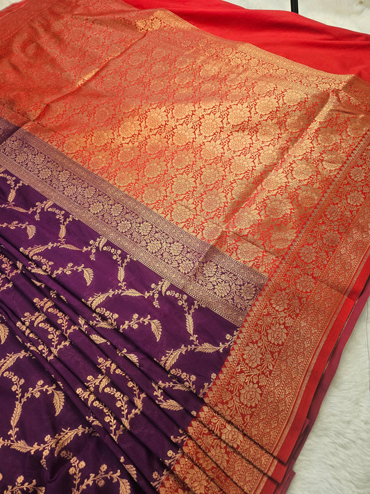 Banarasi Premium Soft Katan Silk Saree with Gold Zari Floral Weaving & Contrast Border – Royal Purple