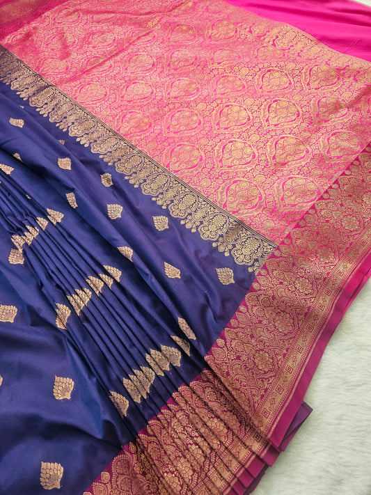 Banarasi Premium Soft Katan Silk Banarasi Saree with Gold Zari Buti & Contrast Rani Pink Border