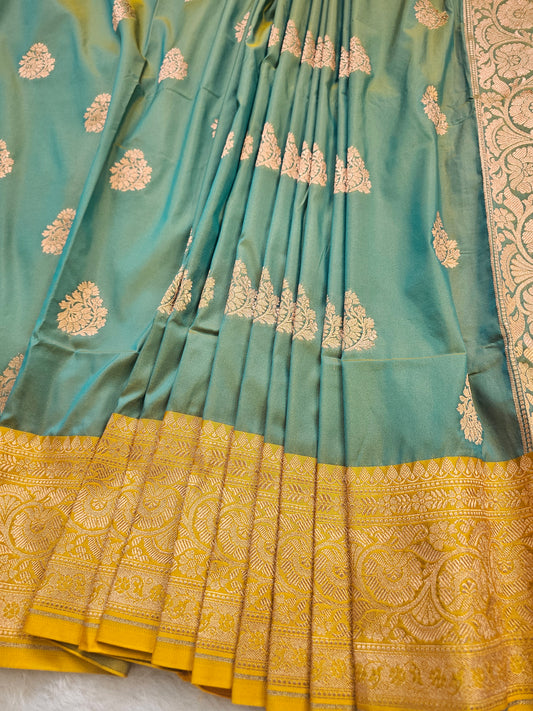 Banarasi Premium Soft Katan Silk Banarasi Saree with Gold Zari Buti & Contrast Mustard Yellow Pallu