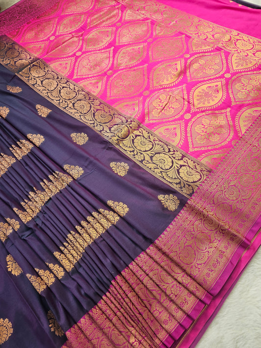 Banarasi Premium Soft Katan Silk Banarasi Saree with Gold Zari Buti & Contrast Royal Purple Pallu
