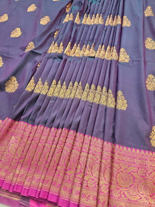 Banarasi Premium Soft Katan Silk Banarasi Saree with Gold Zari Buti & Contrast Royal Purple Pallu