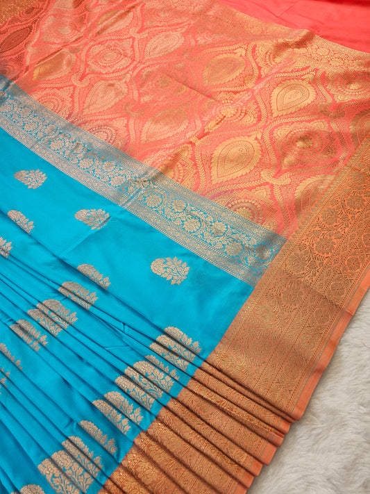 Banarasi Premium Soft Katan Silk Banarasi Saree with Gold Zari Buti & Contrast Royal Purple Pallu