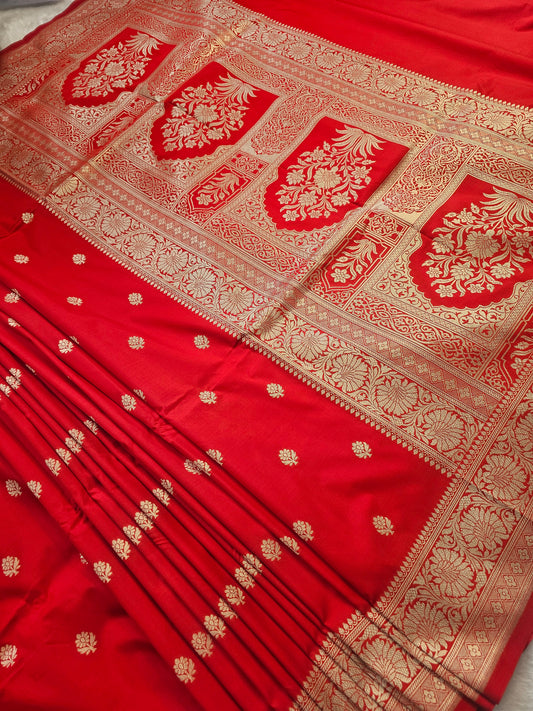 Banarasi Premium Soft Katan Silk Banarasi Saree in Royal Red with Gold Zari Floral Woven Pallu