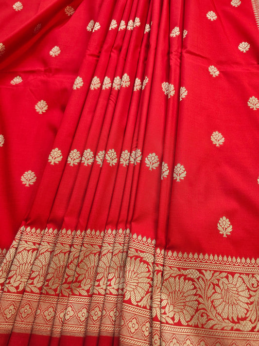Banarasi Premium Soft Katan Silk Banarasi Saree in Royal Red with Gold Zari Floral Woven Pallu