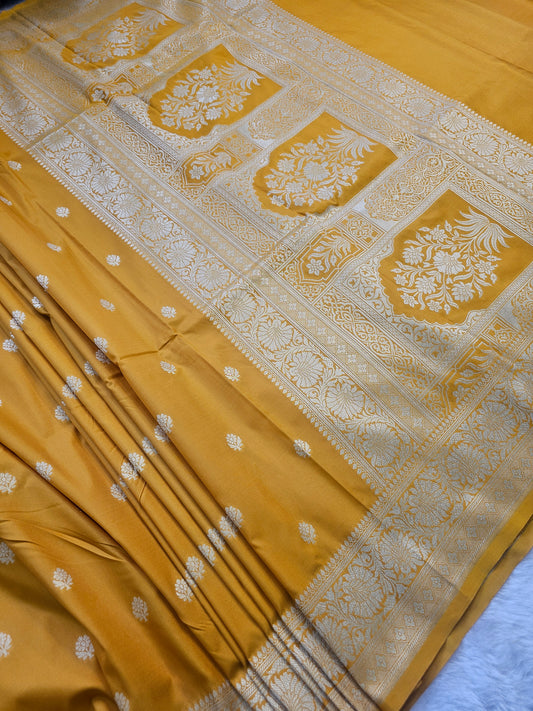 Banarasi Premium Soft Katan Silk Banarasi Saree in Mustard Yellow with Silver Zari Woven Border & Buti