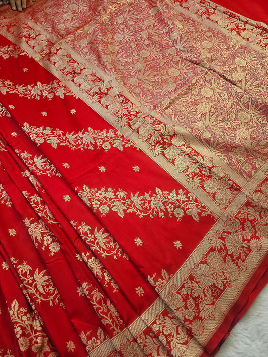 Banarasi Premium Soft Katan Silk Banarasi Saree in Ruby Red with Gold Zari Floral Weaving