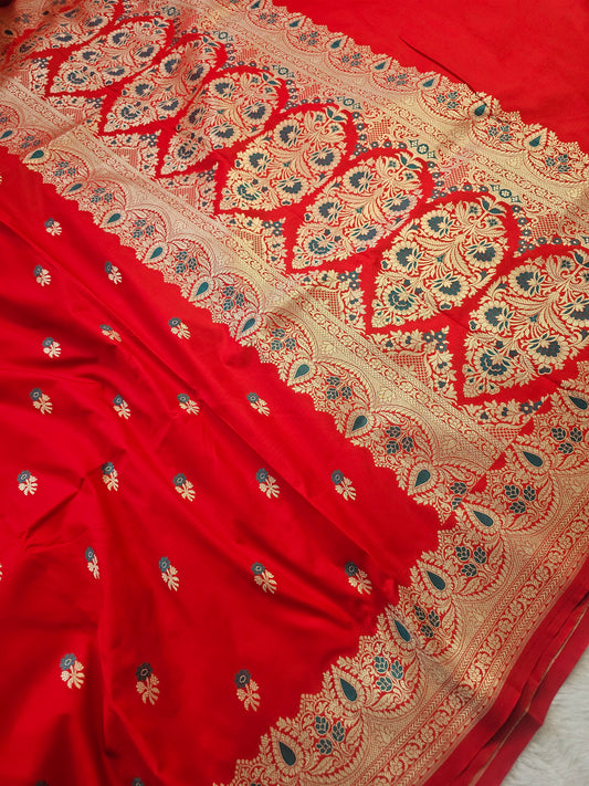 Banarasi Premium Soft Katan Silk Banarasi Saree in Royal Red with Gold Zari Meenakari Floral Woven Pallu