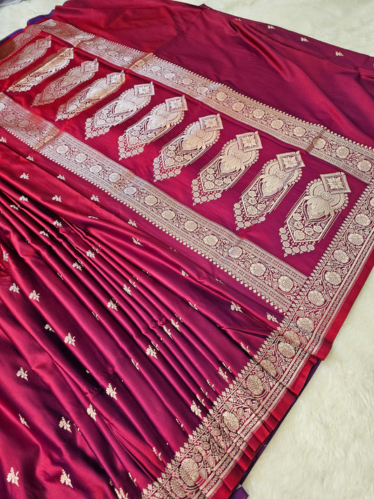 Banarasi Premium Wine Mashru Silk Saree with Rich Zari Woven Pallu & Traditional Border