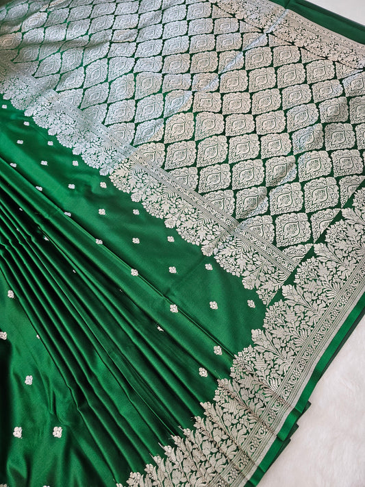 Banarasi Premium Emerald Green Mashru Silk Saree with Silver Zari Woven Pallu & Floral Border