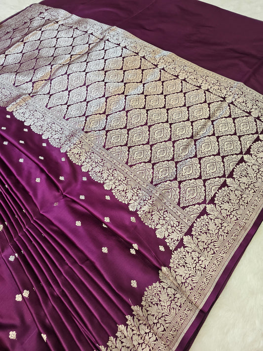 Banarasi Luxury Plum Mashru Silk Saree with Silver Zari Butti & Grand Woven Pallu