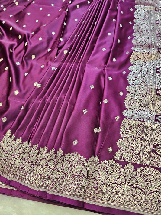 Banarasi Luxury Plum Mashru Silk Saree with Silver Zari Butti & Grand Woven Pallu