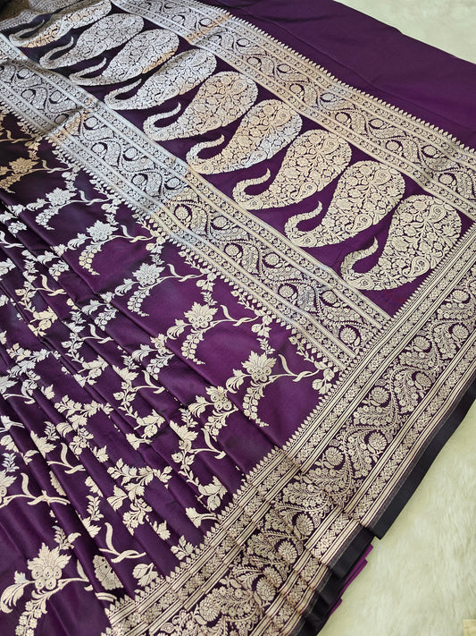 Banarasi Royal Purple Mashru Silk Saree with Silver Zari Paisley Pallu & Floral Vine Weaving