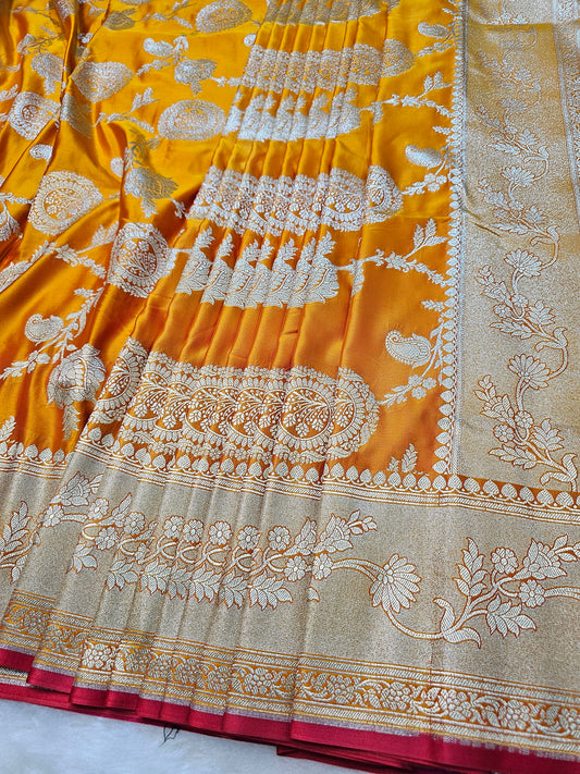 Banarasi Mustard Gold Mashru Silk Saree with Silver Zari Floral Pallu & Heritage Motif Weaving