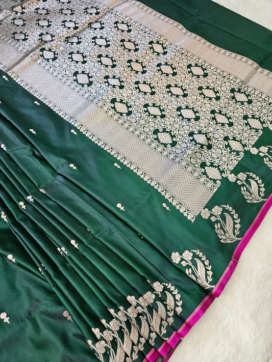 Banarasi Emerald Green Mashru Silk Saree with Silver Zari Floral Jaal Pallu & Contrast Pink Border