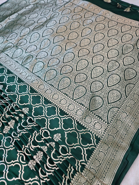 Banarasi Emerald Green Mashru Silk Saree with Silver Zari Paisley Jaal & Geometric Border