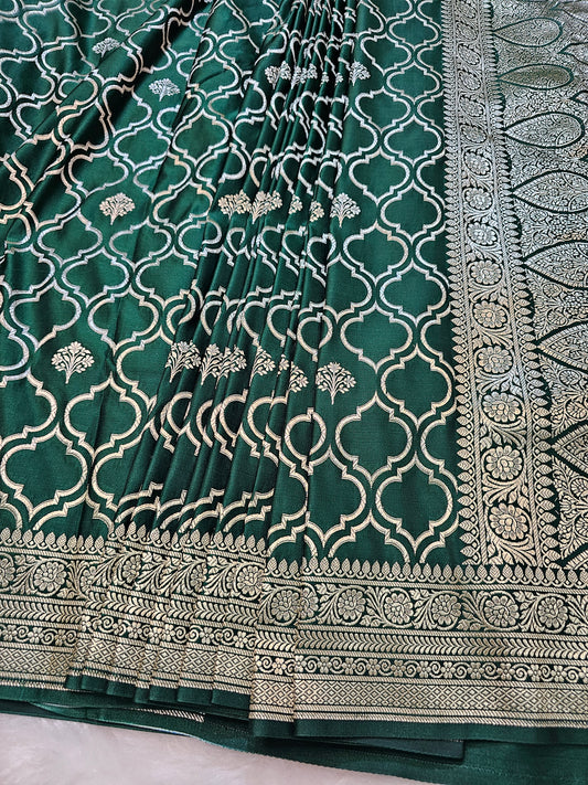 Banarasi Emerald Green Mashru Silk Saree with Silver Zari Paisley Jaal & Geometric Border