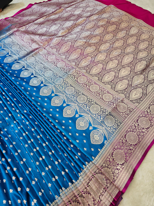 Banarasi Premium Mashru Silk Saree with Royal Blue Body, Magenta Contrast & Rich Silver Zari Woven Pallu