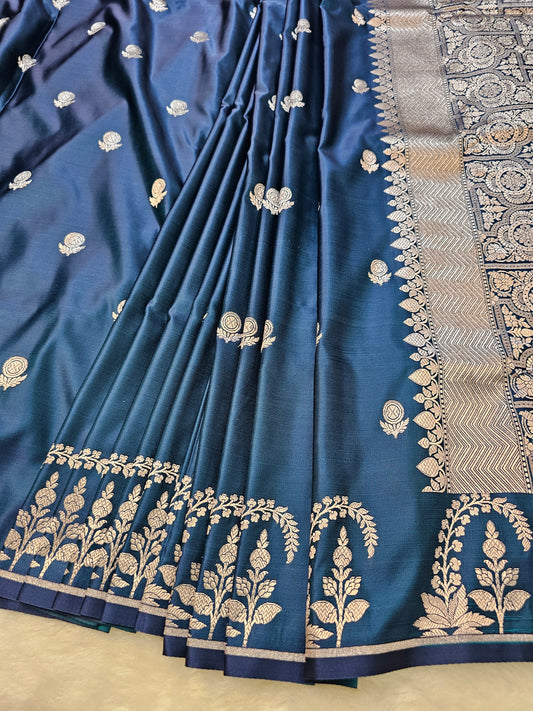 Banarasi Premium Mashru Silk Saree with Navy Blue Body & Antique Silver Zari Woven Pallu