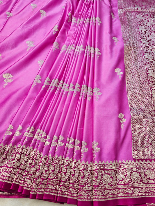 Banarasi Premium Pink Mashru Silk Saree with Silver Zari Floral Buttas & Rich Banarasi Woven Pallu