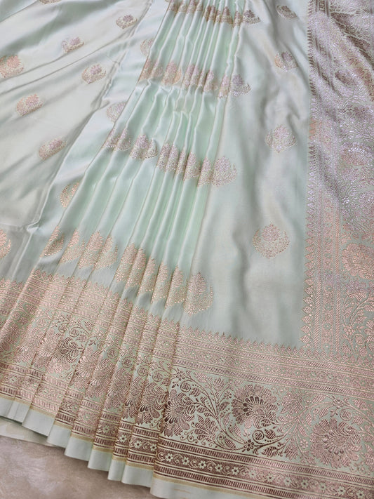 Banarasi Premium Mint Green Printed Tissue Silk Saree with Rose Gold Zari Woven Pallu & Floral Border