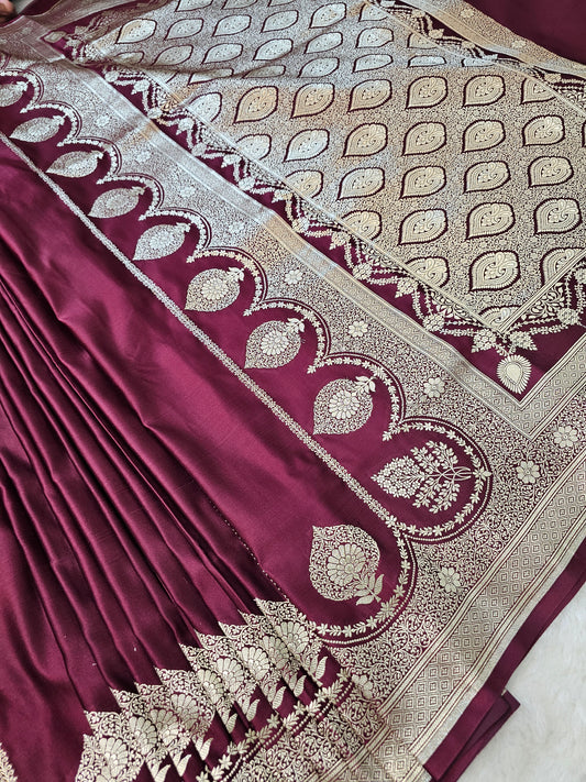 BanarasiPremium Wine Tissue Silk Saree with Silver Zari Paisley Banarasi Weaving & Rich Floral Border