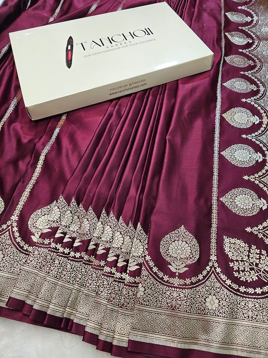 BanarasiPremium Wine Tissue Silk Saree with Silver Zari Paisley Banarasi Weaving & Rich Floral Border