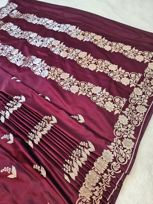 Banarasi Wine Mashru Silk Saree with Floral Zari Border & Elegant Buti Weaving