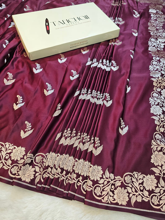 Banarasi Wine Mashru Silk Saree with Floral Zari Border & Elegant Buti Weaving