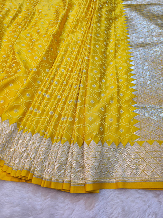 Banarasi Sunshine Yellow Mashru Silk Saree with Silver Zari Geometric Pallu & Floral Buti Weaving