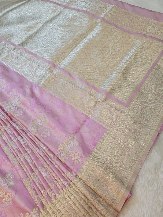 Banarasi Blush Pink Mashru Silk Saree with Gold Zari Floral Weaving & Designer Border