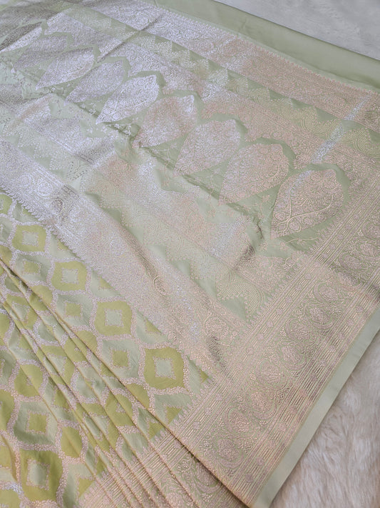 Banarasi Pastel Mint Green Mashru Silk Saree with Silver Zari Paisley Weaving & Designer Border