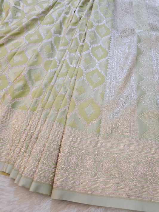 Banarasi Pastel Mint Green Mashru Silk Saree with Silver Zari Paisley Weaving & Designer Border