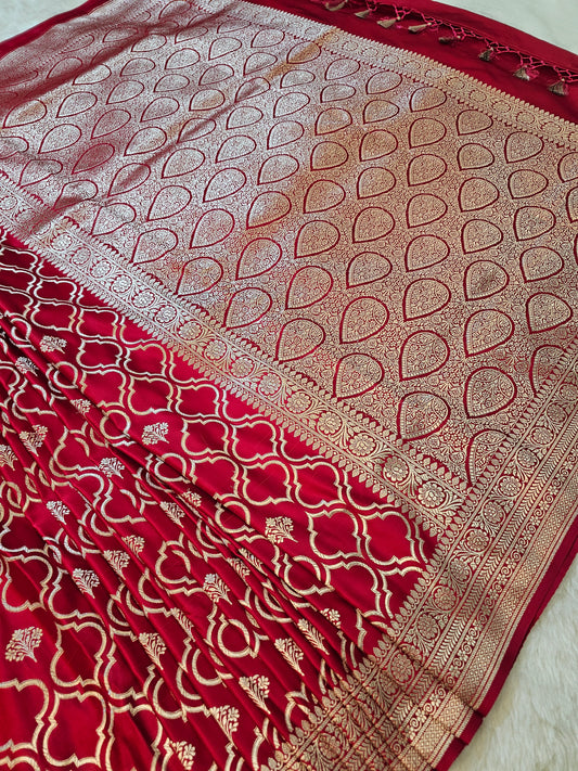 Banarasi Royal Red Mashru Silk Saree with Gold Zari Paisley Jaal & Designer Border