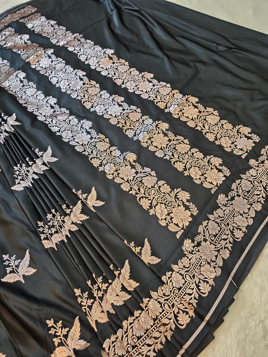 Banarasi Midnight Black Mashru Silk Saree with Gold Zari Floral Buti & Designer Border