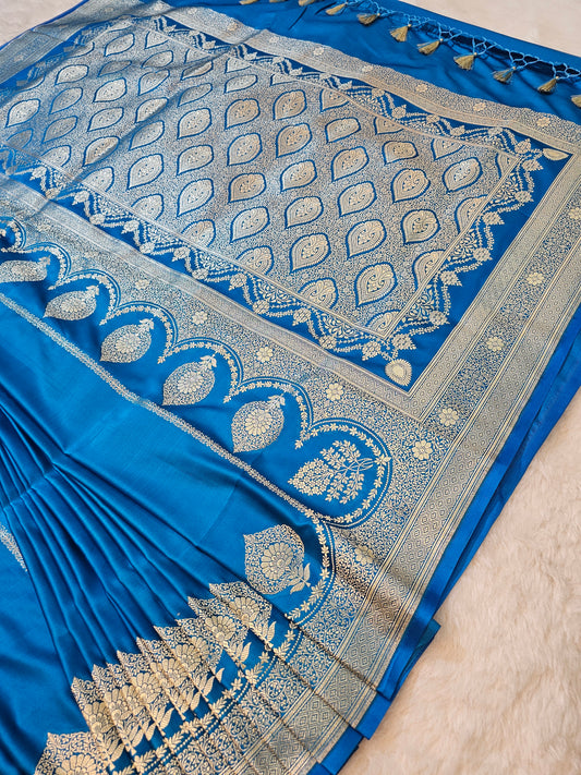 Banarasi Royal Blue Mashru Silk Saree with Gold Zari Paisley Jaal & Banarasi Floral Border