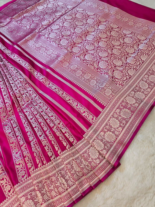 Banarasi Rani Pink Mashru Silk Saree with Floral Jaal Zari Weaving & Banarasi Border