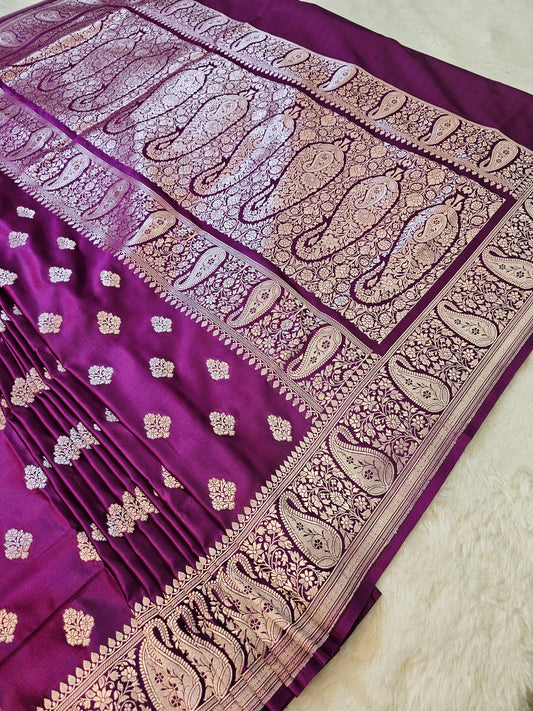 Banarasi Royal Purple Mashru Silk Saree with Floral Paisley Zari Pallu & Banarasi Border