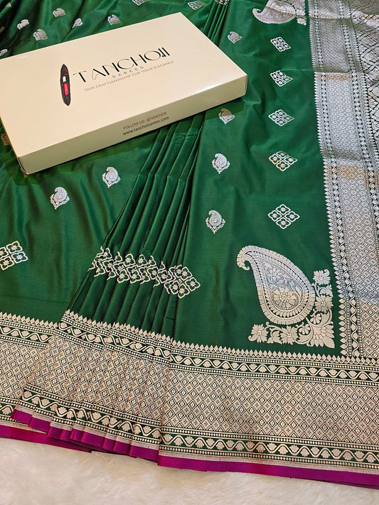 Banarasi Emerald Green Mashru Silk Saree with Paisley Butis & Geometric Banarasi Zari Border