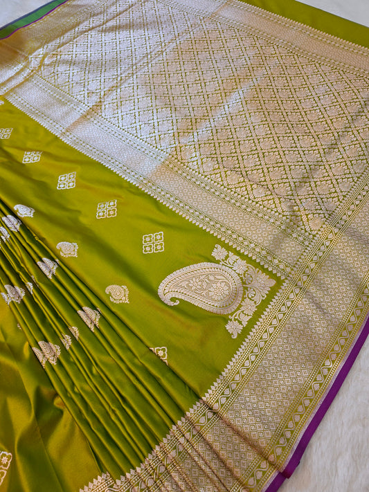 Banarasi Olive Green Mashru Silk Saree with Heritage Zari Pallu & Banarasi Border