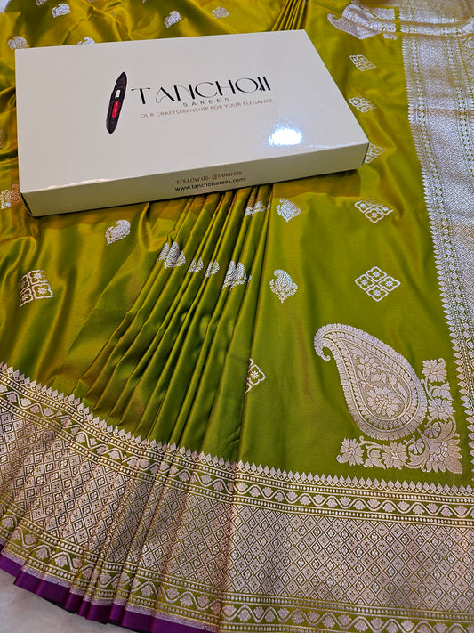 Banarasi Olive Green Mashru Silk Saree with Heritage Zari Pallu & Banarasi Border