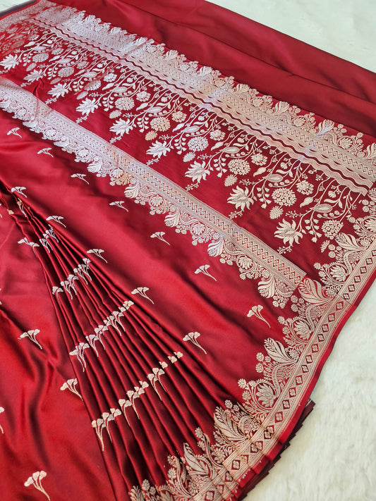 BanarasiRuby Red Mashru Silk Saree with Floral Banarasi Zari Pallu & Elegant Border