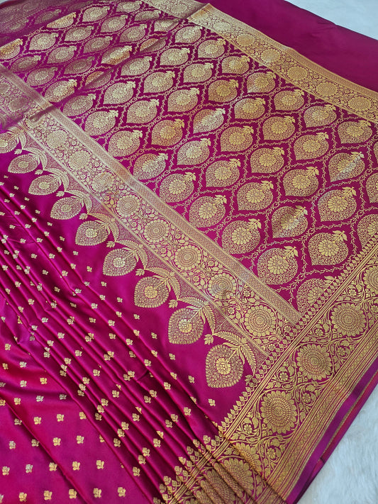 Banarasi Pure Mashru Silk Saree in Rani Pink with Antique Gold Zari Buti & Grand Banarasi Paisley Pallu