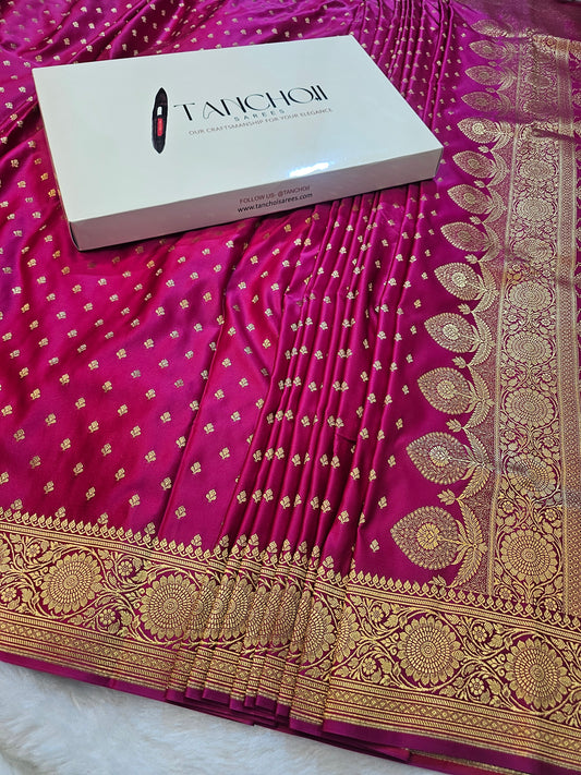 Banarasi Pure Mashru Silk Saree in Rani Pink with Antique Gold Zari Buti & Grand Banarasi Paisley Pallu