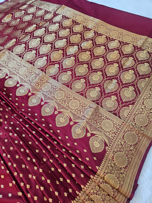 Banarasi Mashru Silk Saree in Maroon with Gold Zari Buti & Grand Banarasi Paisley Pallu