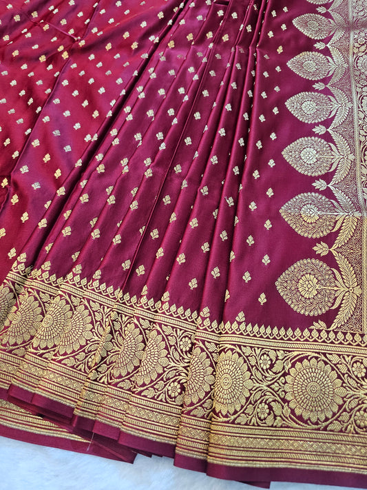 Banarasi Mashru Silk Saree in Maroon with Gold Zari Buti & Grand Banarasi Paisley Pallu